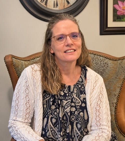 Susan Zuidema, Registered Psychotherapist sitting in her Brantford counselling office